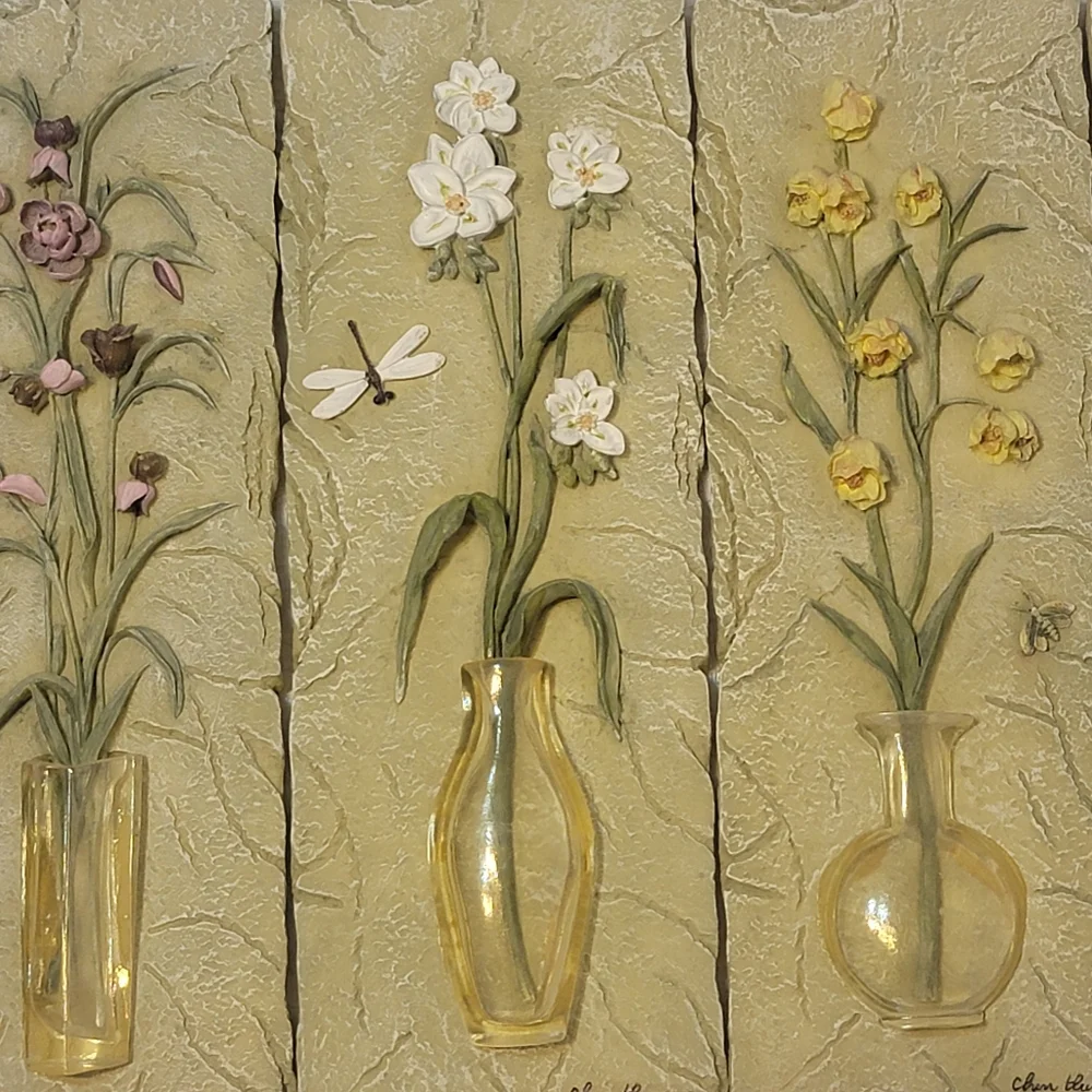 Vintage Cheri Blum Signed 3D Floral Wall Art Plaques Set of 4 Raised Flowers